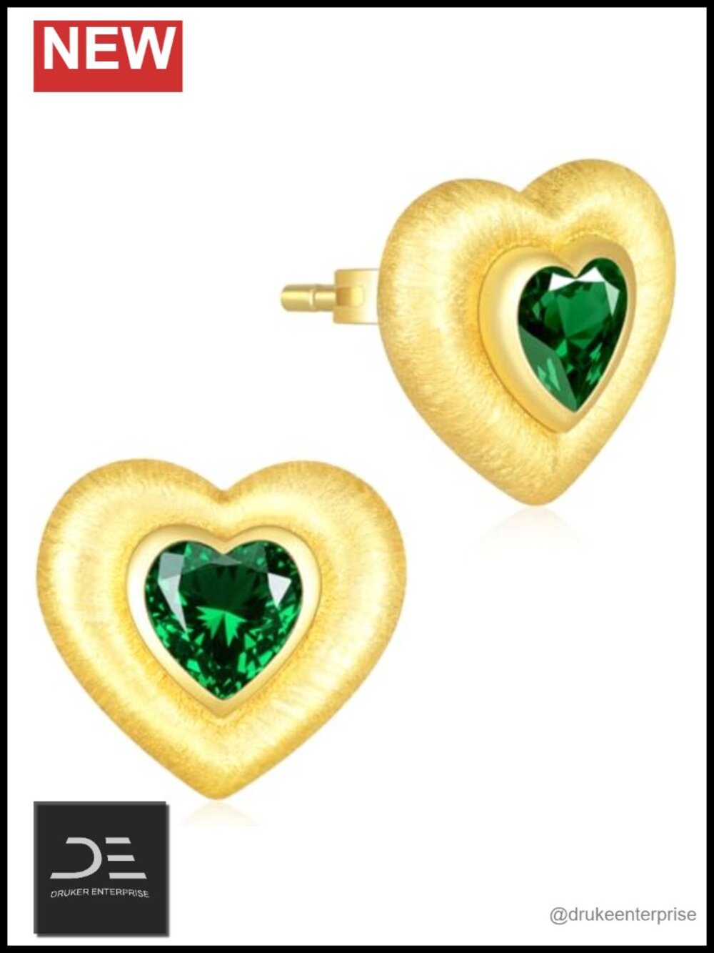 Emerald Heart Stud Earrings 925 Silver 14K Gold Plated